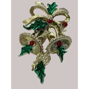 Gerry’s Vintage Christmas Bells & Holly Brooch 2”x1”